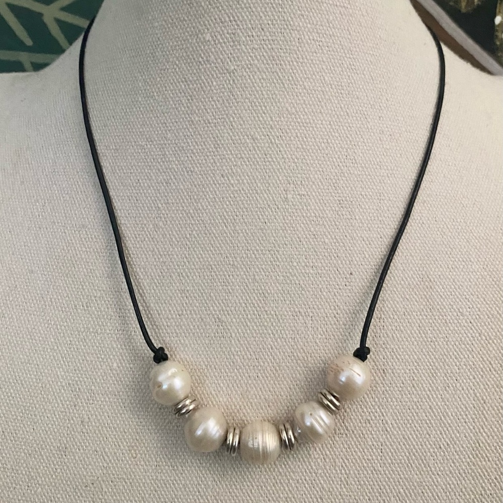 Tommy Bahama Black Cord Necklace with Pearls and Silver Accents